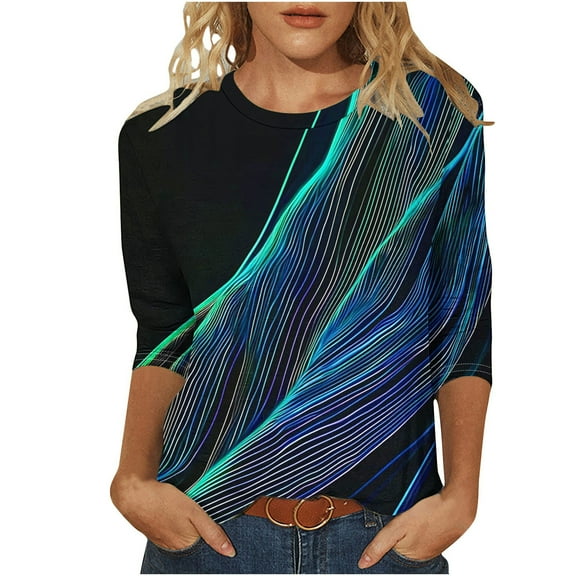ZQUUVOU Women's T-Shirts Printed 3/4 Sleeves Blouse Crew Neck Casual Tunic Tops(E-Navy,2XL)