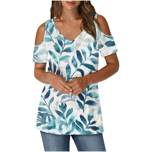ZQUUVOU Women's T-Shirts Printed Cold Sleeved V-Neck Tunic Summer Tops(B-Green,S)