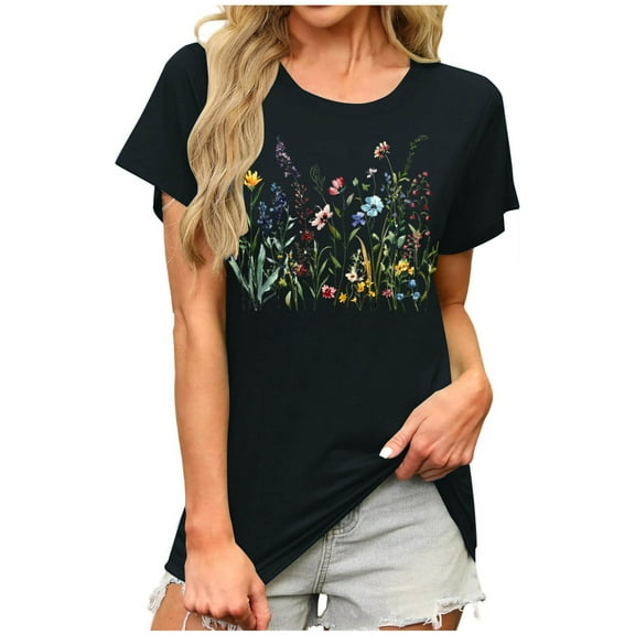 ZQUUVOU Women's T-Shirts Printed Short Sleeve Crew Neck Tunic Blouse(Black,S)