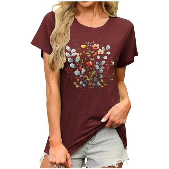 ZQUUVOU Women's T-Shirts Printed Short Sleeve Crew Neck Tunic Blouse(Burgundy,S)