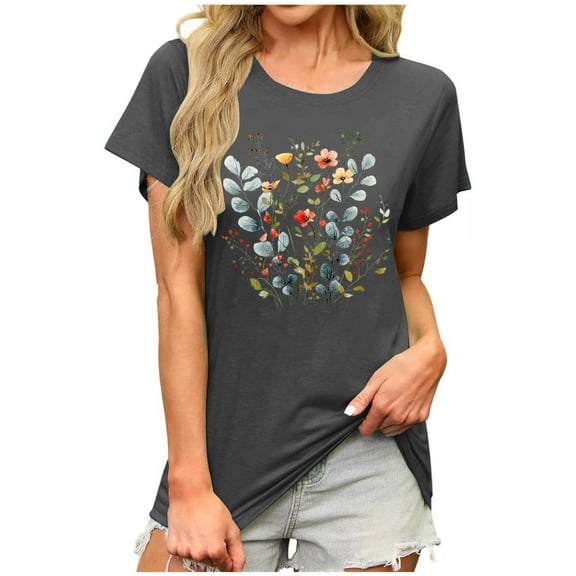 ZQUUVOU Women's T-Shirts Printed Short Sleeve Crew Neck Tunic Blouse(Gray,L)