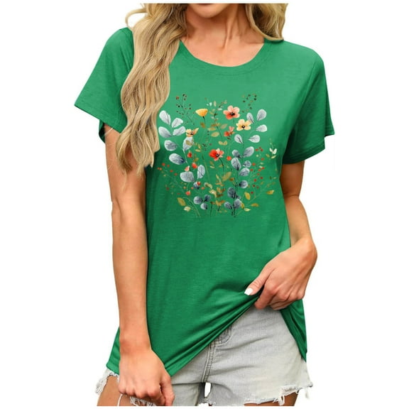ZQUUVOU Women's T-Shirts Printed Short Sleeve Crew Neck Tunic Blouse(Green,S)