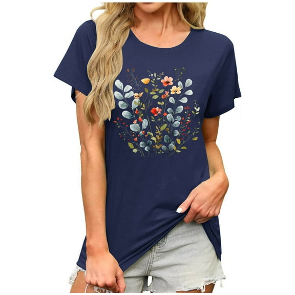 ZQUUVOU Women's T-Shirts Printed Short Sleeve Crew Neck Tunic Blouse(Navy,M)