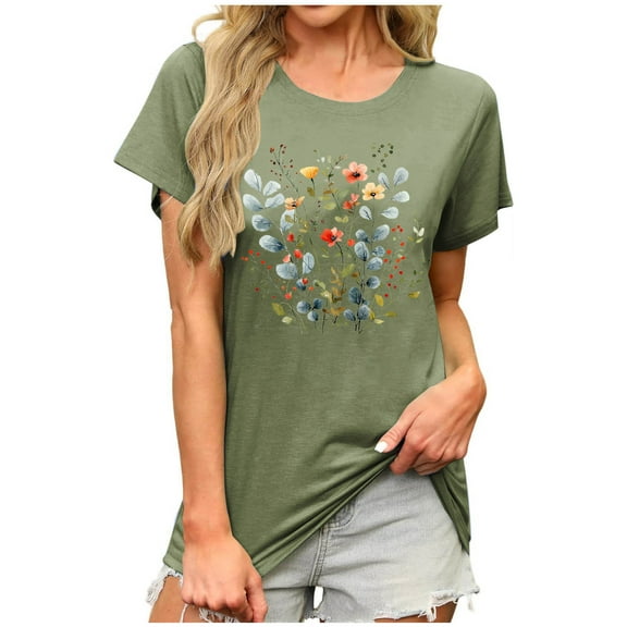 ZQUUVOU Women's T-Shirts Printed Short Sleeve Crew Neck Tunic Blouse(Olive Green,S)