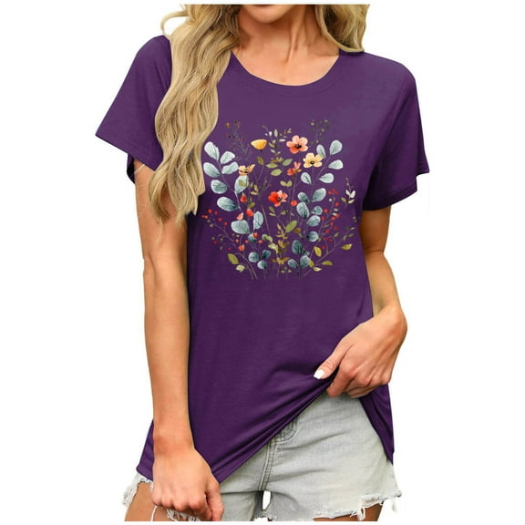 ZQUUVOU Women's T-Shirts Printed Short Sleeve Crew Neck Tunic Blouse(Purple,M)