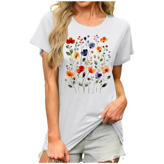ZQUUVOU Women's T-Shirts Printed Short Sleeve Crew Neck Tunic Blouse(White,L)