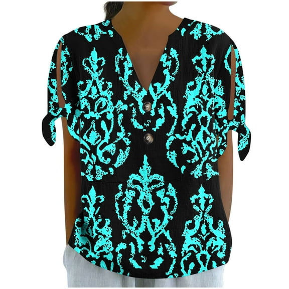 ZQUUVOU Women's T-Shirts Printed V-Neck Button Cold Sleeved Tied Summer Tops(Blue,S)