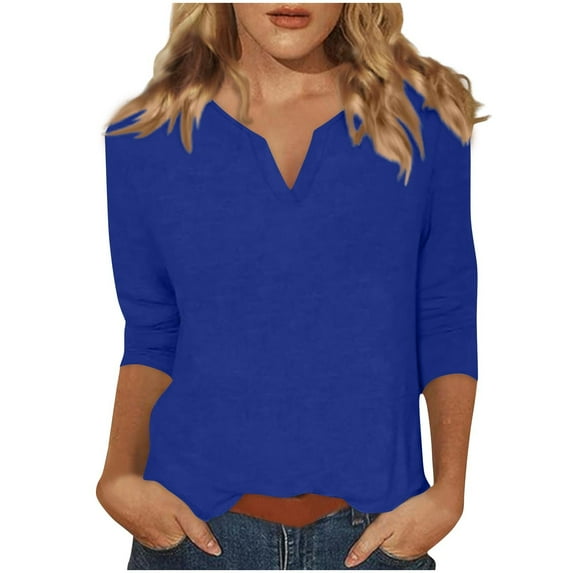 ZQUUVOU Women's T-Shirts Solid Color 3/4 Sleeve V-Neck Tops(Dark Blue,XL)