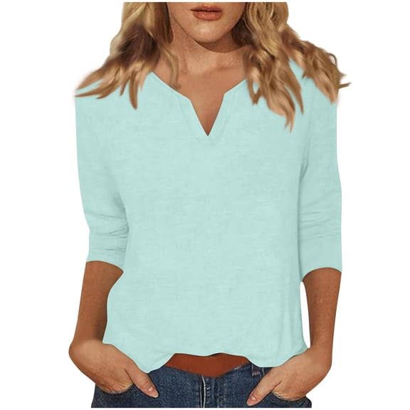 Zwiiyzr Women's T-Shirts Solid Color 3/4 Sleeve V-Neck Tops(Mint Green,S)