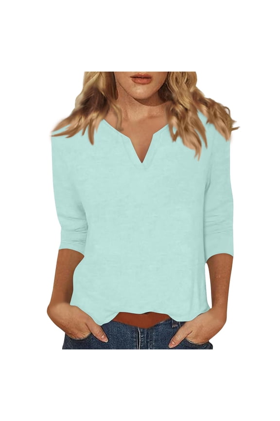 Women's T-Shirts Solid Color 3/4 Sleeve V-Neck Tops(Mint Green,S)