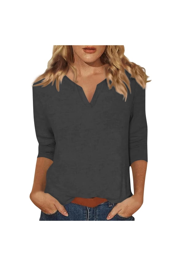 Women's T-Shirts Solid Color 3/4 Sleeve V-Neck Tunic Tops(Dark Gray,XL)
