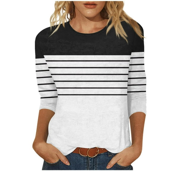 ZQUUVOU Women's T-Shirts Stripe Printed 3/4 Sleeve Crew Neck Tunic Causal Tops(Black,3XL)
