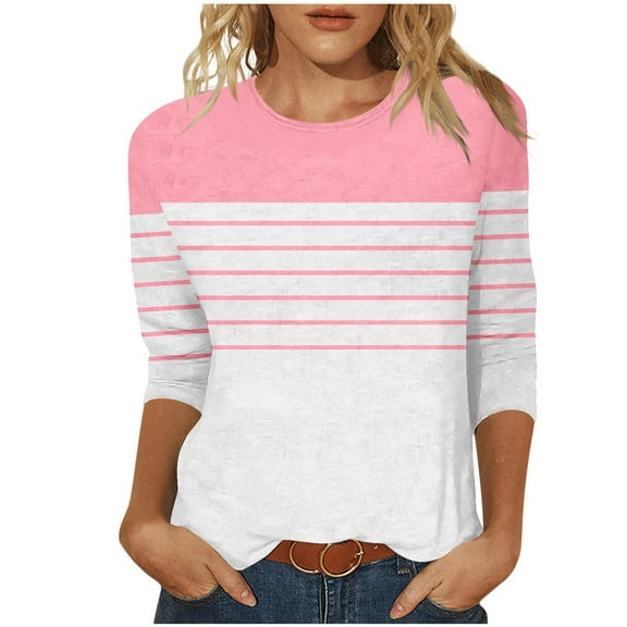 ZQUUVOU Women's T-Shirts Stripe Printed 3/4 Sleeve Crew Neck Tunic Causal Tops(Pink,L)