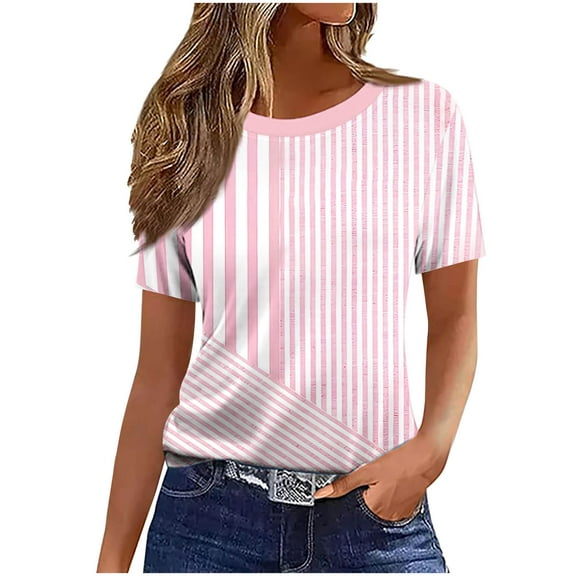 ZQUUVOU Women's T-Shirts Stripe Short Sleeve Crew Neck Tops(Pink,L)