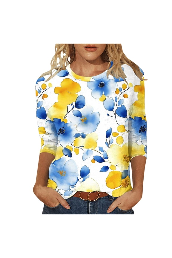 Women's T-Shirts Summer Loose Printed 3/4 Sleeves Round Neck Tops(H-Yellow,M)