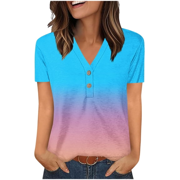 Zwiiyzr Women's T-Shirts V-Neck Button Printed Short Sleeved Shirt Short Sleeved V-Neck Top/Shirt(Sky Blue,L)