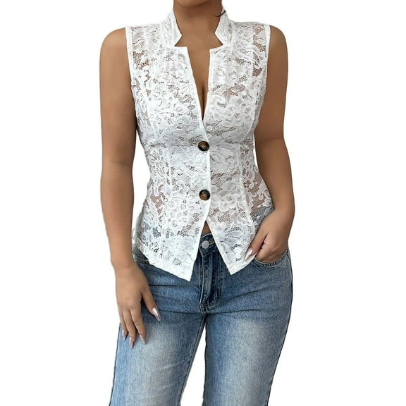 ZQUUVOU Women's Tank Top Hollow Out with Transparent Lace Cardigan Blouse (White,XL)