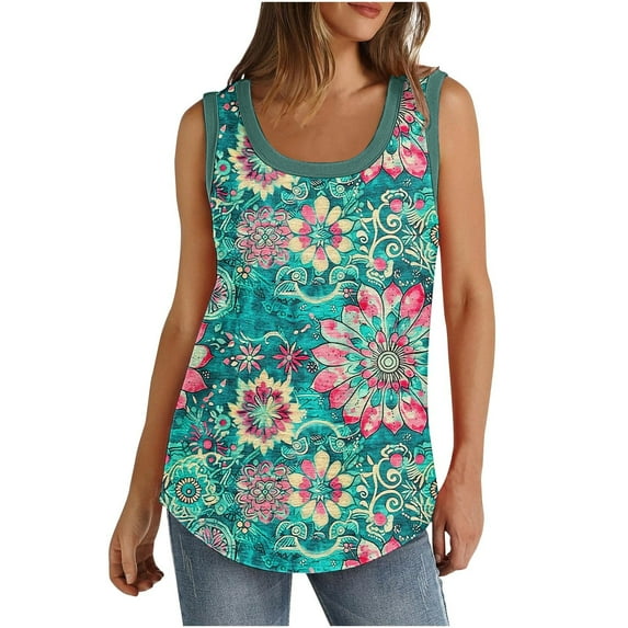 ZQUUVOU Women's Tank Tops Printed Floral Solid Color Sleeveless Crew Neck Cotton Casual Tee(D-Multicolor,S)