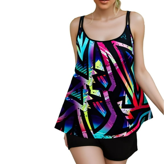 ZQUUVOU Women's Tankini Set Split Casual Athletic Tummy Control Swimsuit (A-Multicolor,XL)
