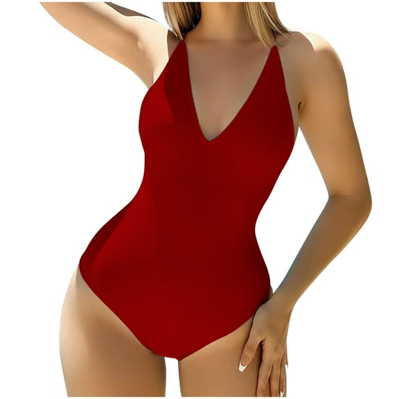 ZQUUVOU Women's Tankini Solid Color V-Neck Swimsuit Suit (Red,S)