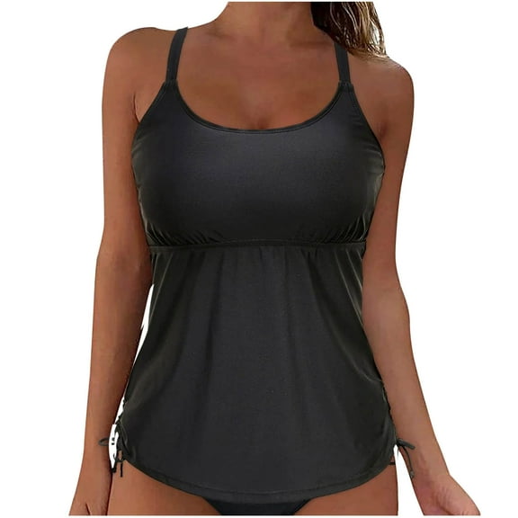 ZQUUVOU Women's Tankini Top Solid Color Push-Up Padded Swimsuit Blouse (Black,M)