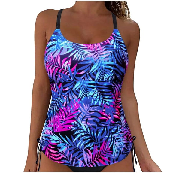 ZQUUVOU Women's Tankini Top Spaghetti Strap Print Roudn Neck Swim Tops (Blue,XL)