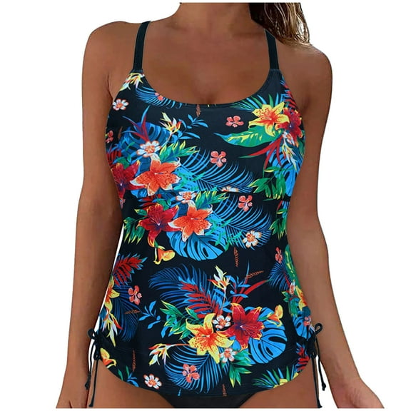 ZQUUVOU Women's Tankini Top Spaghetti Strap Print Roudn Neck Swim Tops (Multicolor,XL)