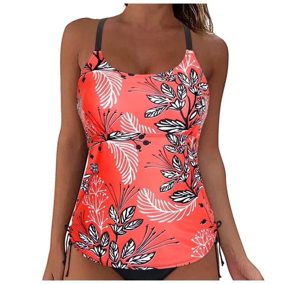 ZQUUVOU Women's Tankini Top Spaghetti Strap Print Roudn Neck Swim Tops (Red,M)