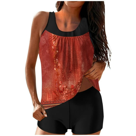 ZQUUVOU Women's Tankini Two Piece Tummy Control Crew Neck Swimsuits (A-Red,L)