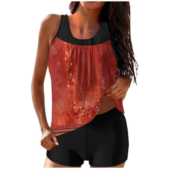 ZQUUVOU Women's Tankini Two Piece Tummy Control Crew Neck Swimsuits (A-Red,S)