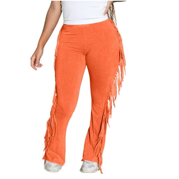 ZQUUVOU Women's Tassel Pants Casual Fringe Cotton Slim Trousers Soft Breathable Everyday Comfortable Pants Orange