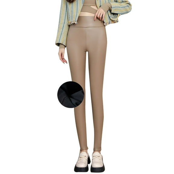 ZQUUVOU Women's Thermal Leather Pants Plush Lined Thick Casual Outdoor High Waist Slim Leggings Warm Winter Pants Khaki