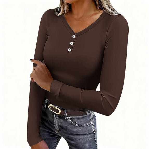 ZQUUVOU Women's Thermal V Neck Shirts Solid Color Button Front Long Sleeve Ribbed Slim Base Layer Tops Outerwear Coffee