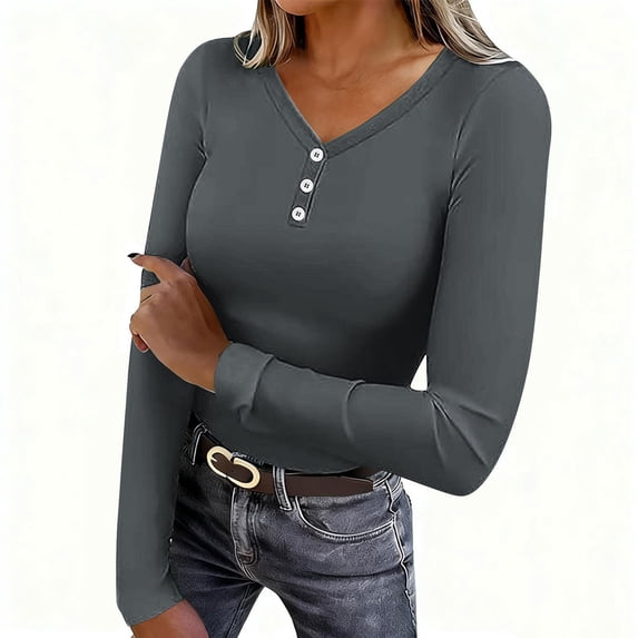 ZQUUVOU Women's Thermal V Neck Shirts Solid Color Button Front Long Sleeve Ribbed Slim Base Layer Tops Outerwear Dark Gray