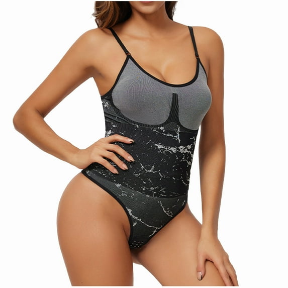 ZQUUVOU Women's Thong Shapewear Tummy Control Adjustable Strap Seamless Bodysuit Sculpting Snatched Waist Body Suit Black C