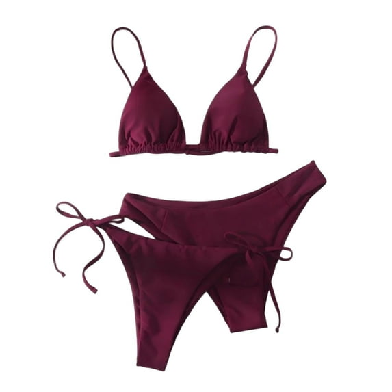 ZQUUVOU Women's Three Piece Bikini Set Solid Triangle Tie Back Tops with Bottom String Thong Tie Side Bathing Suits Burgundy