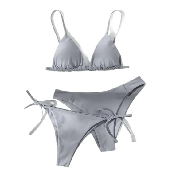 ZQUUVOU Women's Three Piece Bikini Set Solid Triangle Tie Back Tops with Bottom String Thong Tie Side Bathing Suits Gray