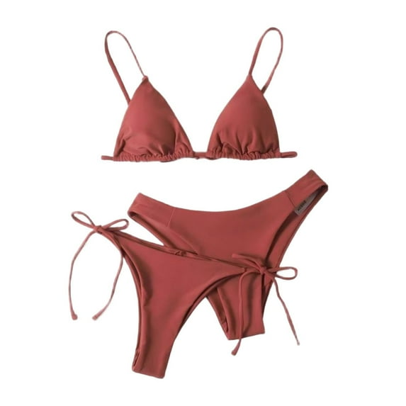 ZQUUVOU Women's Three Piece Bikini Set Solid Triangle Tie Back Tops with Bottom String Thong Tie Side Bathing Suits Watermelon Red
