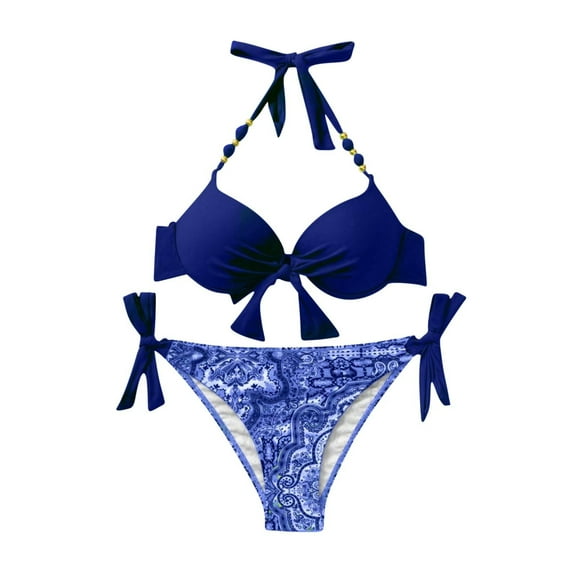 ZQUUVOU Women's Three Piece Swimsuit Tie High Waist Beach Bikini (Dark Blue,L)