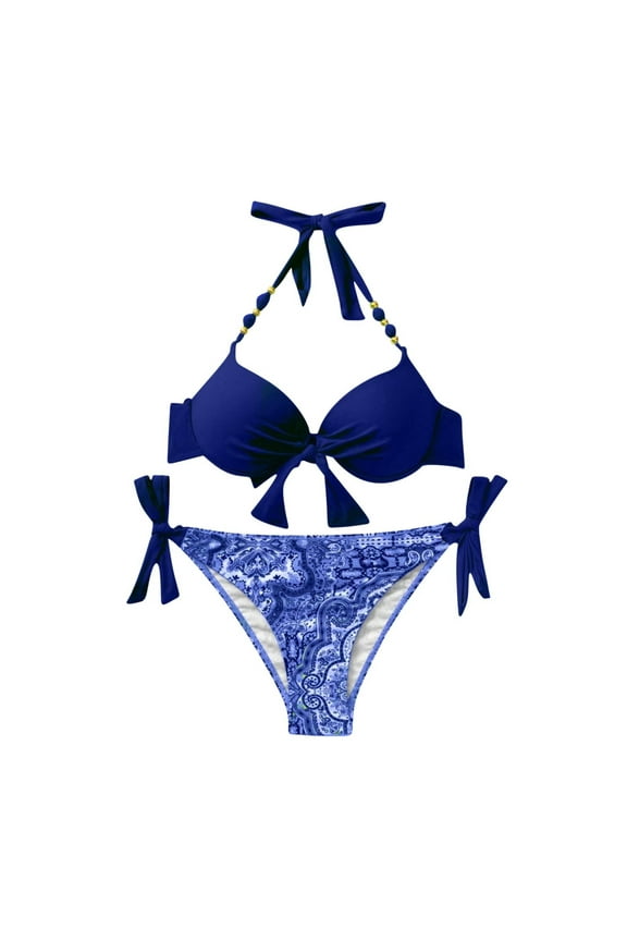 Women's Three Piece Swimsuit Tie High Waist Beach Bikini (Dark Blue,M)