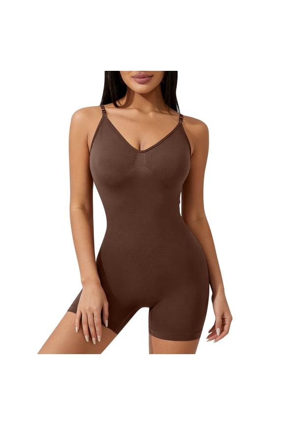 Women's Tummy Control Bodysuit Shorts Adjustable Straps Yoga Seamless Shapewear One Piece Activewear Unitard Coffee