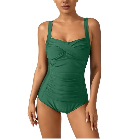 ZQUUVOU Women's Tummy Control Swimsuit One Piece Solid Color Square Neck Front Cross Bathing Suit Slimming Swimwear Green