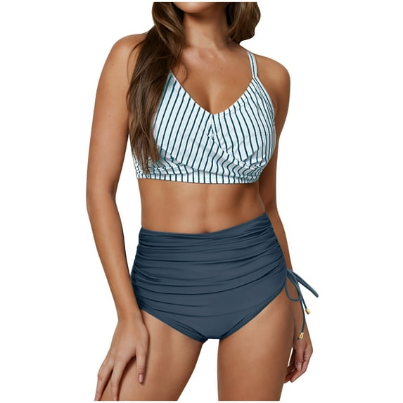 ZQUUVOU Women's 2 Piece Bikini Set Ruched High Waist Striped Drawstring Adjustable Crisscross Ties Swimsuit with Bra Light Blue