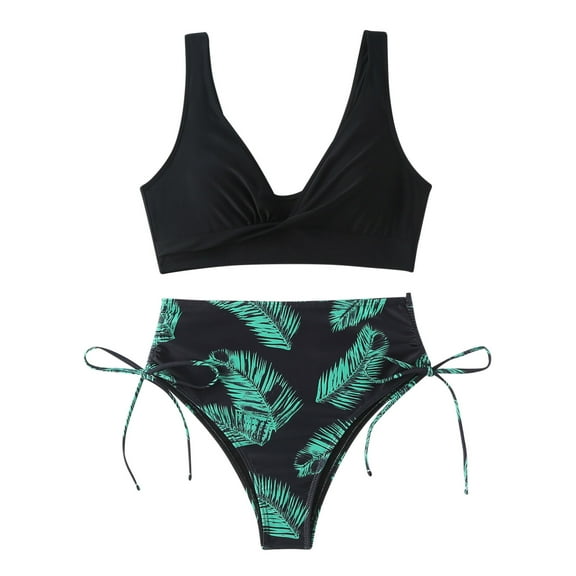 ZQUUVOU Women's Two Piece Bikini Set Leaf Print Cute Swimsuit Top Bottom Pool Beachwear Tie Side Swimsuit Dark Gray