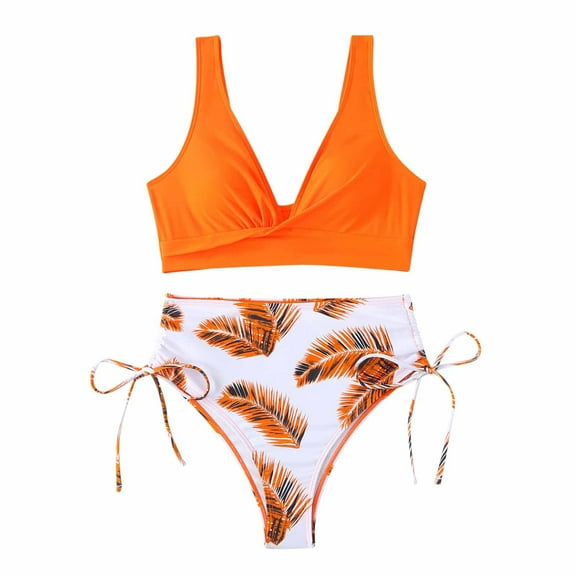 ZQUUVOU Women's Two Piece Bikini Set Leaf Print Cute Swimsuit Top Bottom Pool Beachwear Tie Side Swimsuit Orange
