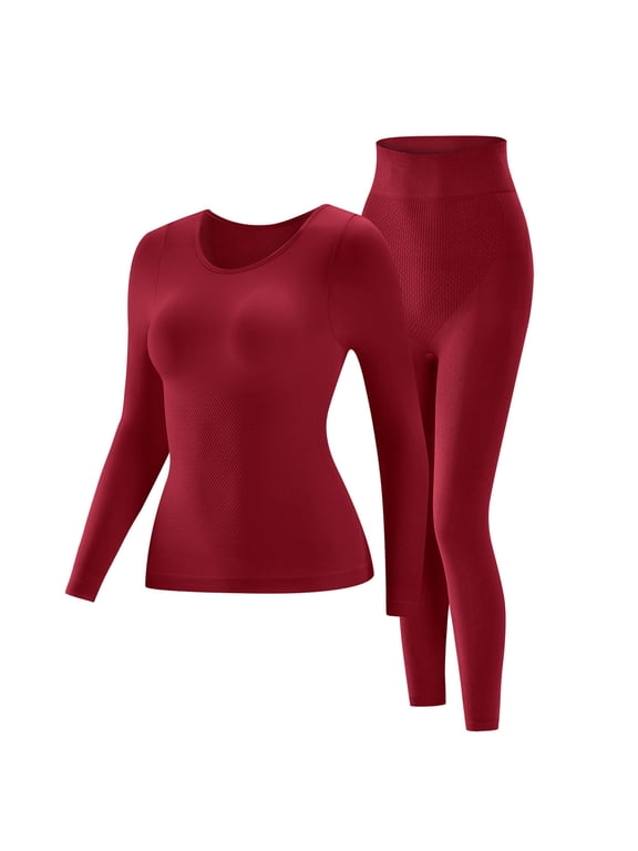Women's Underwear Fall Winter Thermal Seamless Solid Round Neck Long Sleeve Warm BAse Layer Sleepwear Burgundy