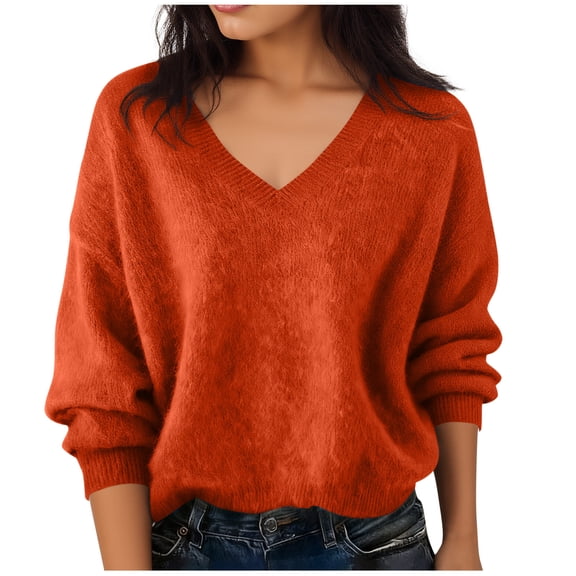 ZQUUVOU Women's V Neck Knit Sweater Long Sleeve Loose Solid Color Comfortable Pullover Winter Spring Casual Layering Orange