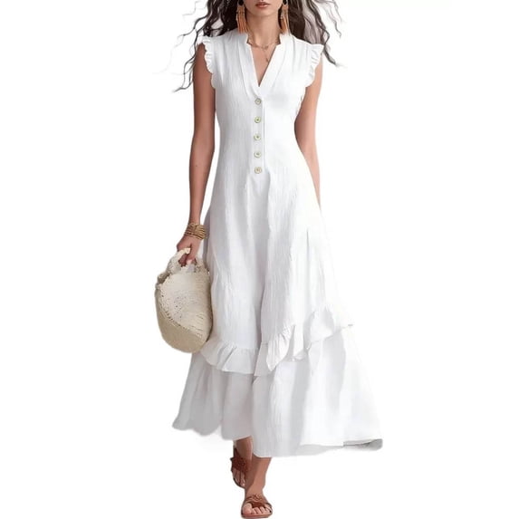 ZQUUVOU Women's V Neck Maxi Dress Ruffle Cap Sleeves Button Bohemian Tiered Ruffle Hem Flowy Dress Vintage Vacation Outfits White