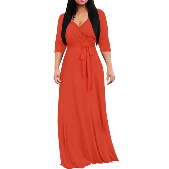 ZQUUVOU Women's V Neck Midi Dress 3/4 Sleeve Belted Waist Flowy Skirt Elegant Casual Outfit Spring Summer Orange