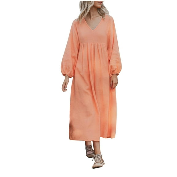 ZQUUVOU Women's V Neck Ruffle Hem Dress Long Sleeve Solid Color Elegant Loose Gown Date Night Party Dress Orange
